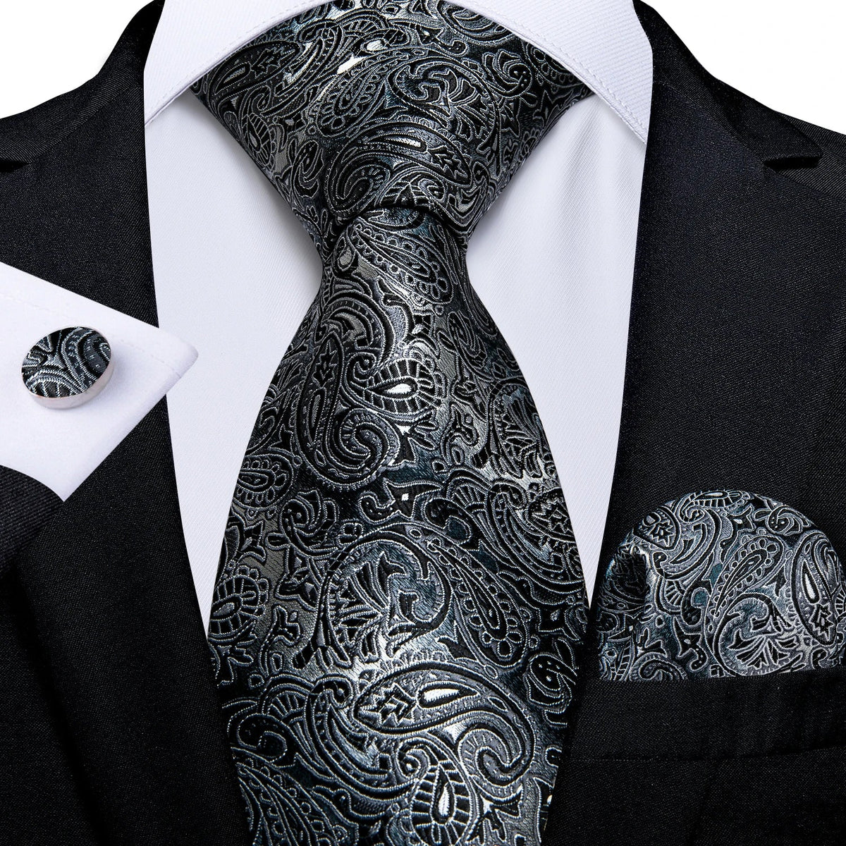 Men's gray paisley silk tie set with matching pocket square and cufflinks, perfect for weddings, by The Clothing Company Sydney.