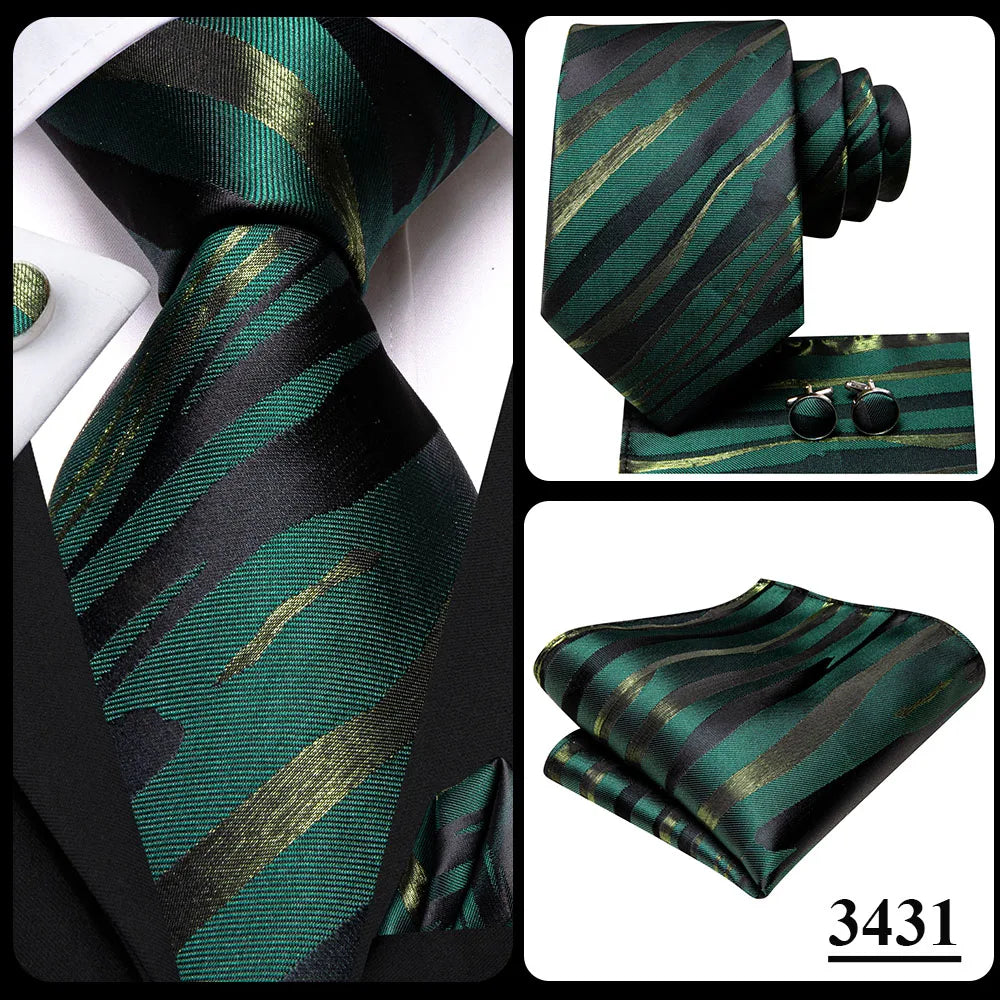 Green paisley silk tie set for men includes necktie, pocket square, and cufflinks, perfect for stylish accessories.