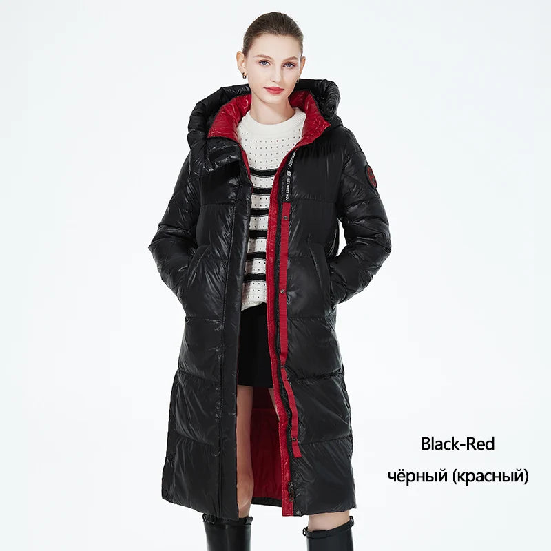 Women's long hooded winter parka by The Clothing Company Sydney, thick quilted puffer jacket with front pockets.