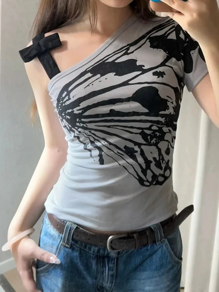 Off-shoulder summer T-shirt for women with aesthetic print, short sleeves, cotton fabric, and front bow tie by The Clothing Company Sydney