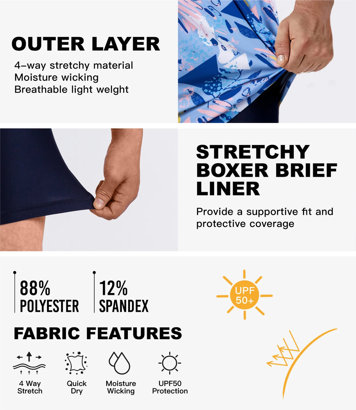 Mens Swimming Trunks with Compression Liner Stretch Swimwear 2 in 1 Quick Dry Running Gym Swim Shorts Board Shorts - The Clothing Company Sydney