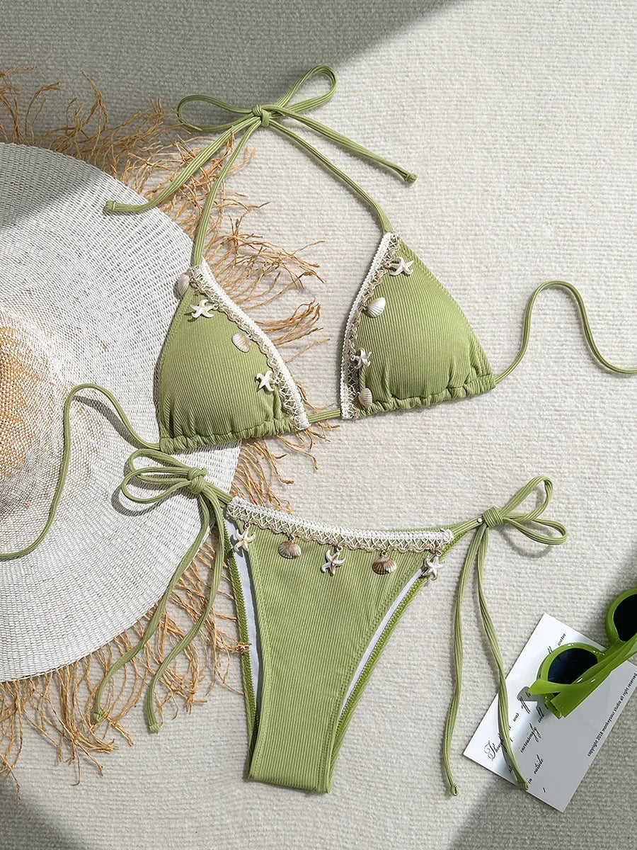 Ribbed shell-pattern bikini set for women with halter straps, two-piece swimwear from The Clothing Company Sydney, perfect for beach days.