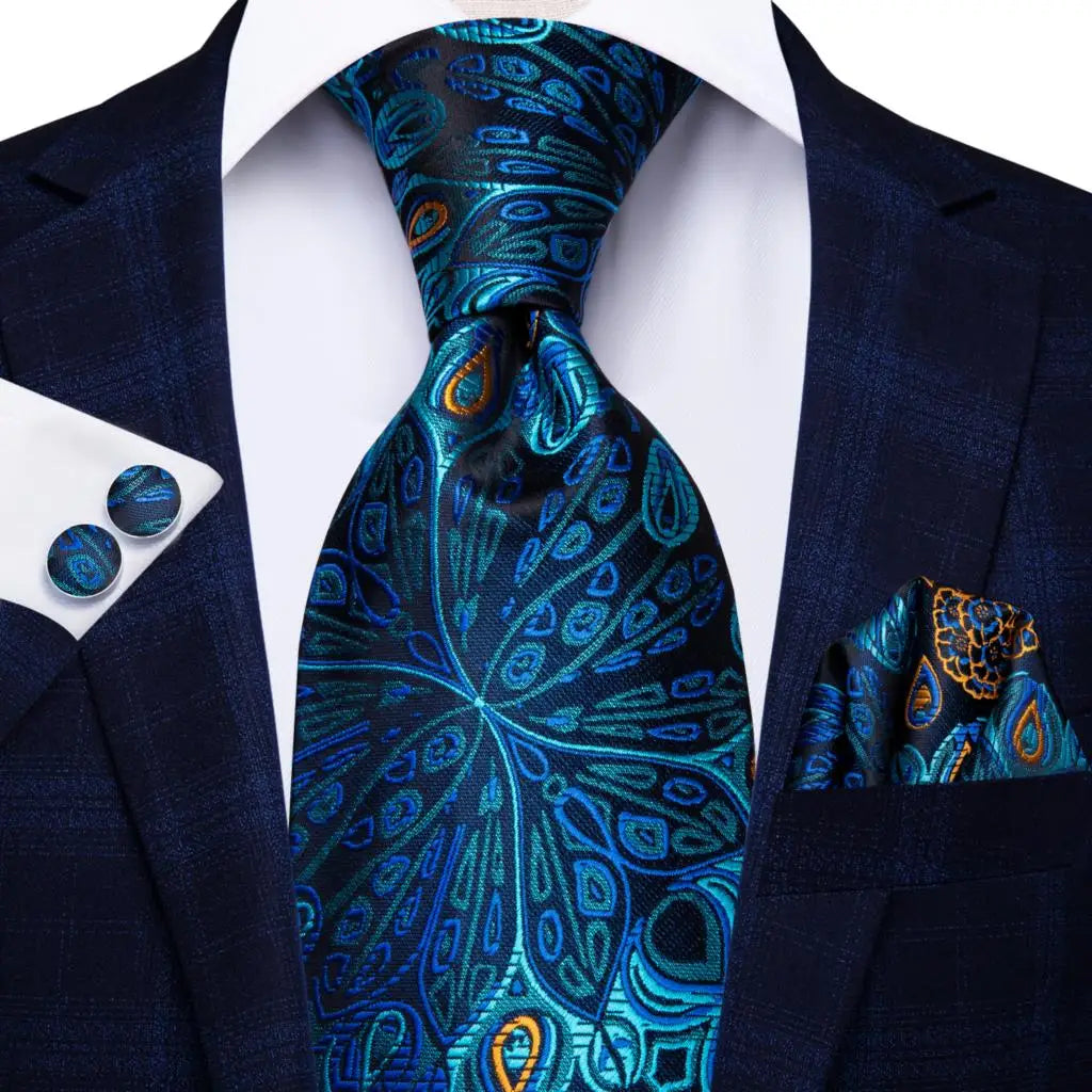 Blue paisley silk tie set for men including necktie, cufflinks, and handkerchief from The Clothing Company Sydney.