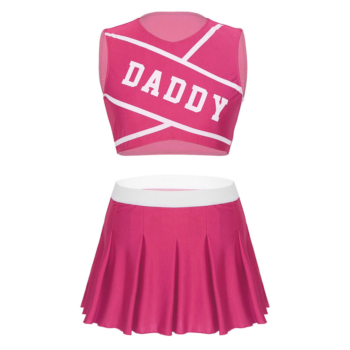 Women's cheerleader cosplay costume with stand collar crop top and mini pleated skirt, from The Clothing Company Sydney.