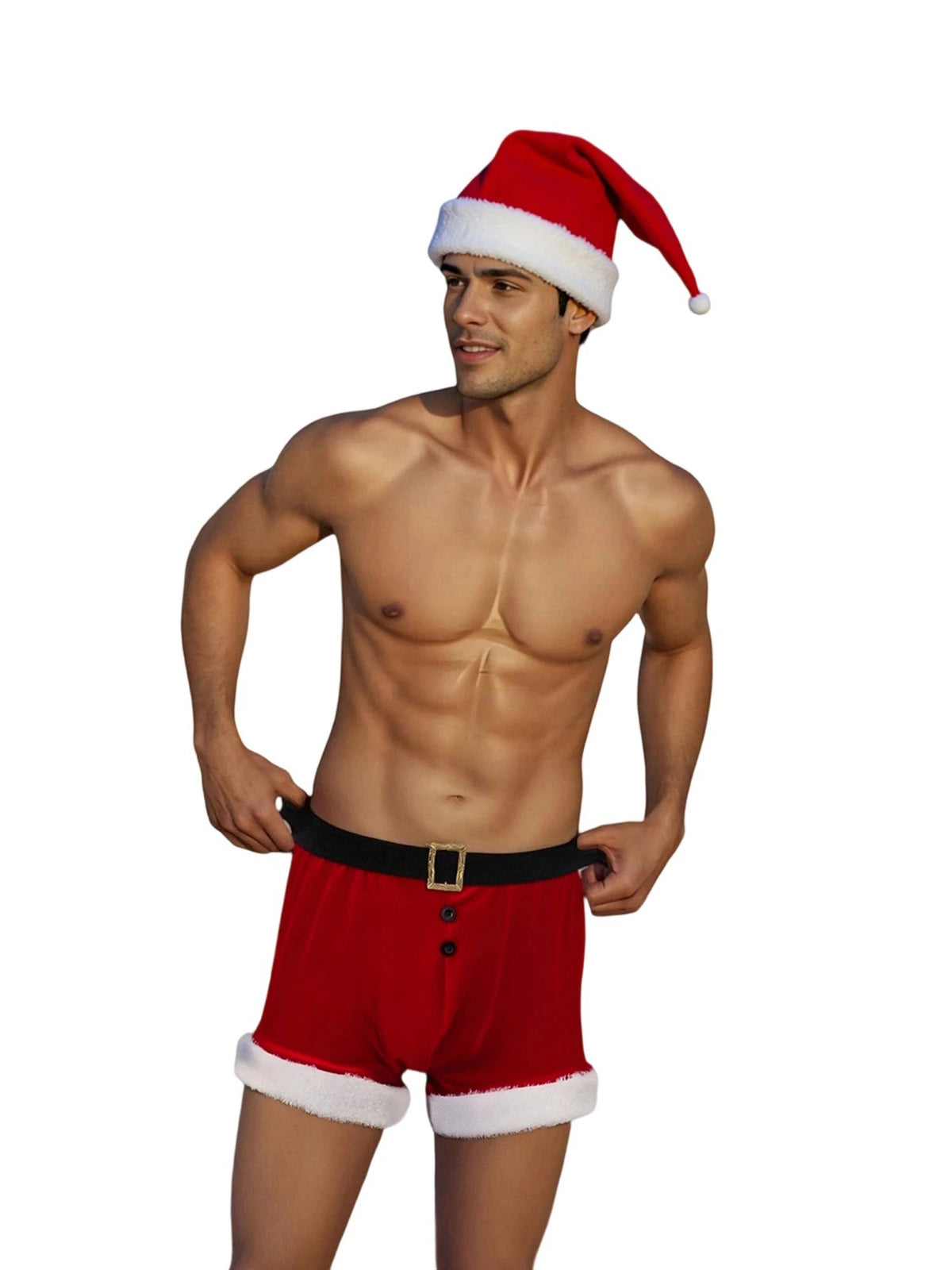 Men's Christmas lingerie set featuring red and white boxer briefs and Santa hat, holiday-themed underwear by The Clothing Company Sydney.