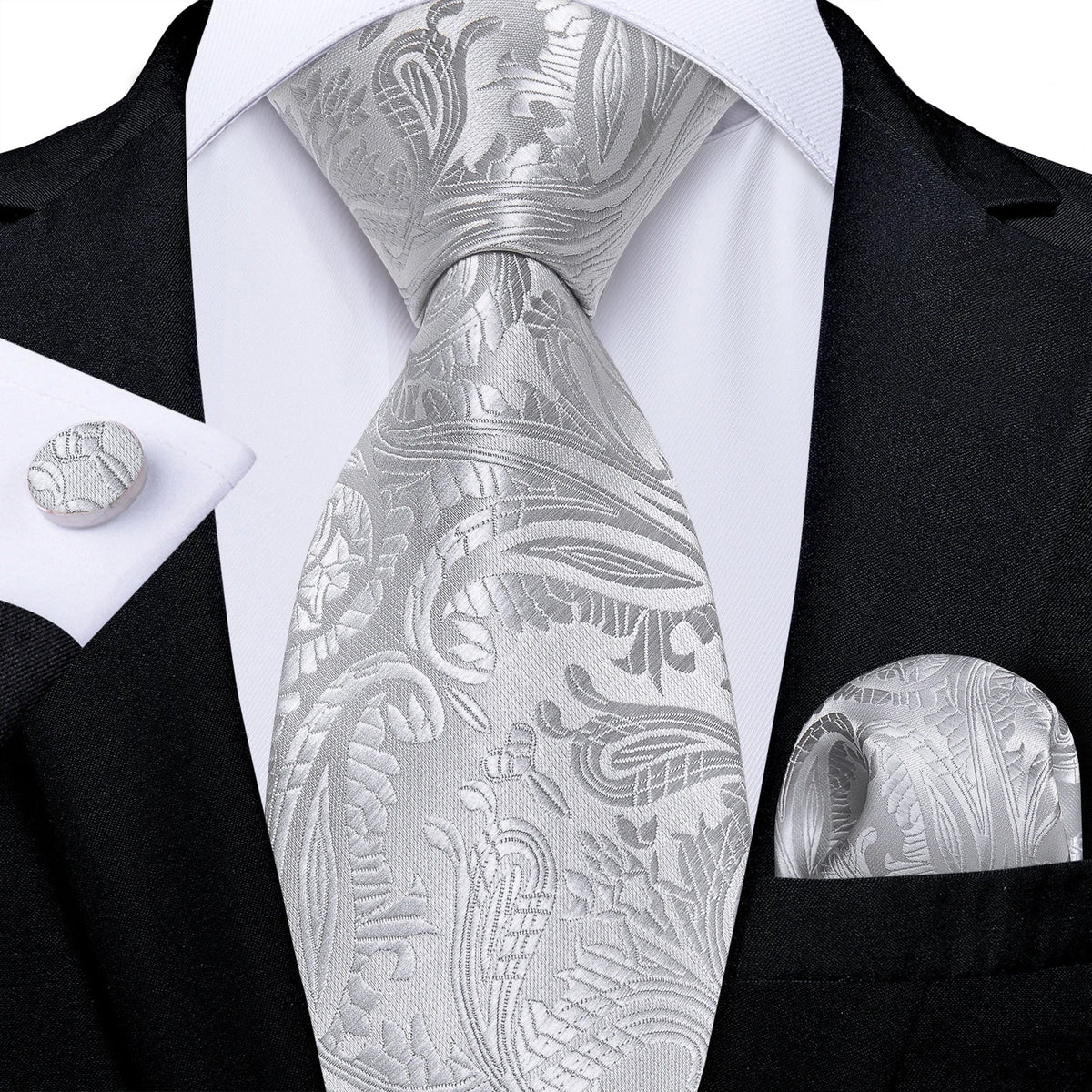 Men's gray paisley silk tie set with wedding tie, pocket square, and cufflinks from The Clothing Company Sydney.