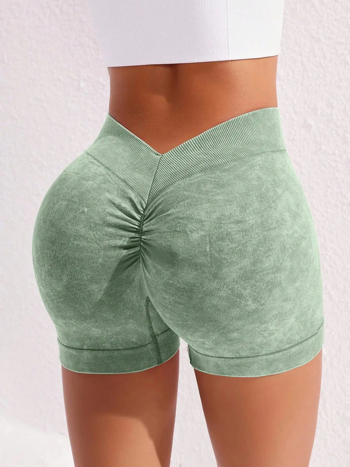 Women's washed fitness yoga shorts by The Clothing Company Sydney, high waist, quick-drying, biker-style with hip lift design.