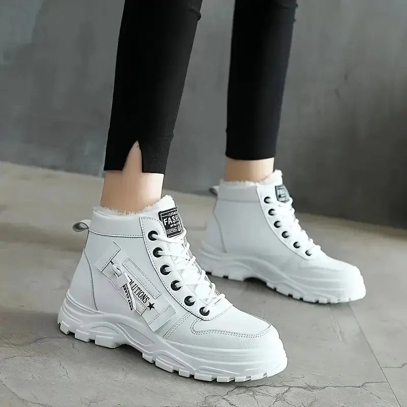 Women's winter high-top snow boots by The Clothing Company Sydney with lace-up design, wedge heel, and plush flannel lining.