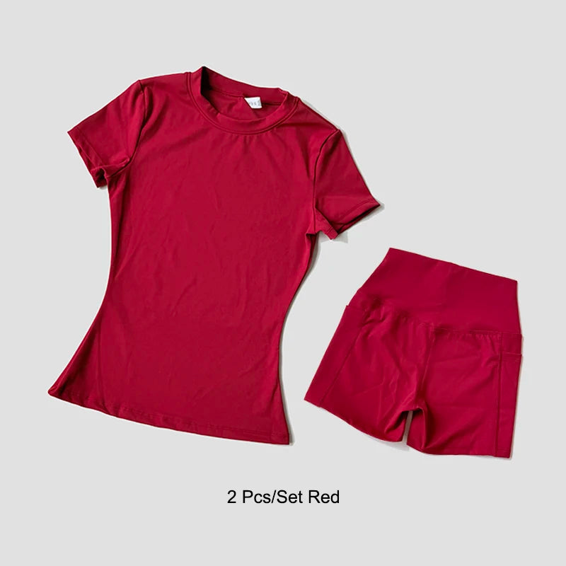2 Piece Women's Sports Yoga Set Seamless Knitted Fitness Gym Clothes Sportswear Short Sleeve Crop Top Tracksuits Gym Bike Shorts - The Clothing Company Sydney