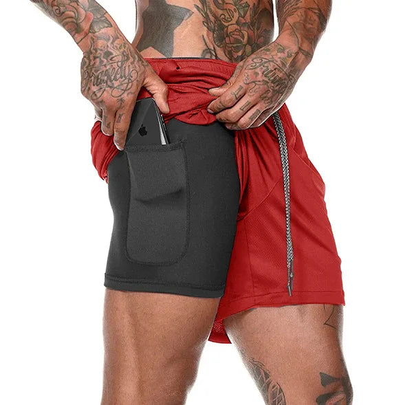 Men’s 2-in-1 running shorts from The Clothing Company Sydney featuring double-layer design for gym training and beach sports.