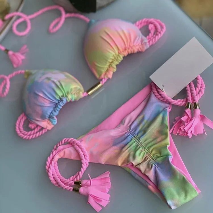 Backless women's bikini swimsuit with rope triangle top from The Clothing Company Sydney, featuring a stylish swimwear design.