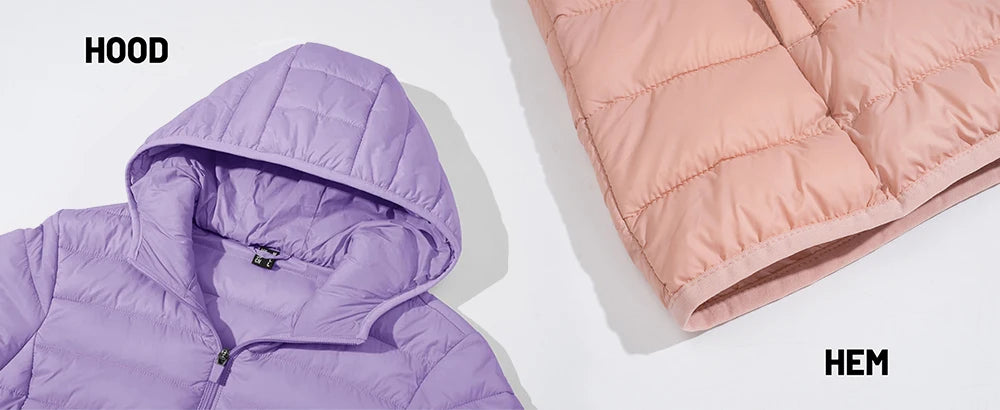 Warm women's puffer hooded jacket by The Clothing Company Sydney, waterproof quilted coat with multiple pockets, lightweight winter parka.