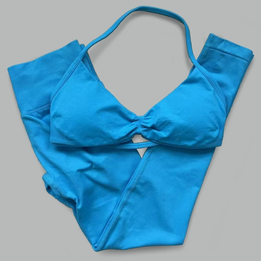 Women's seamless yoga set with halter neck sports bra and high-waisted lifting leggings by The Clothing Company Sydney