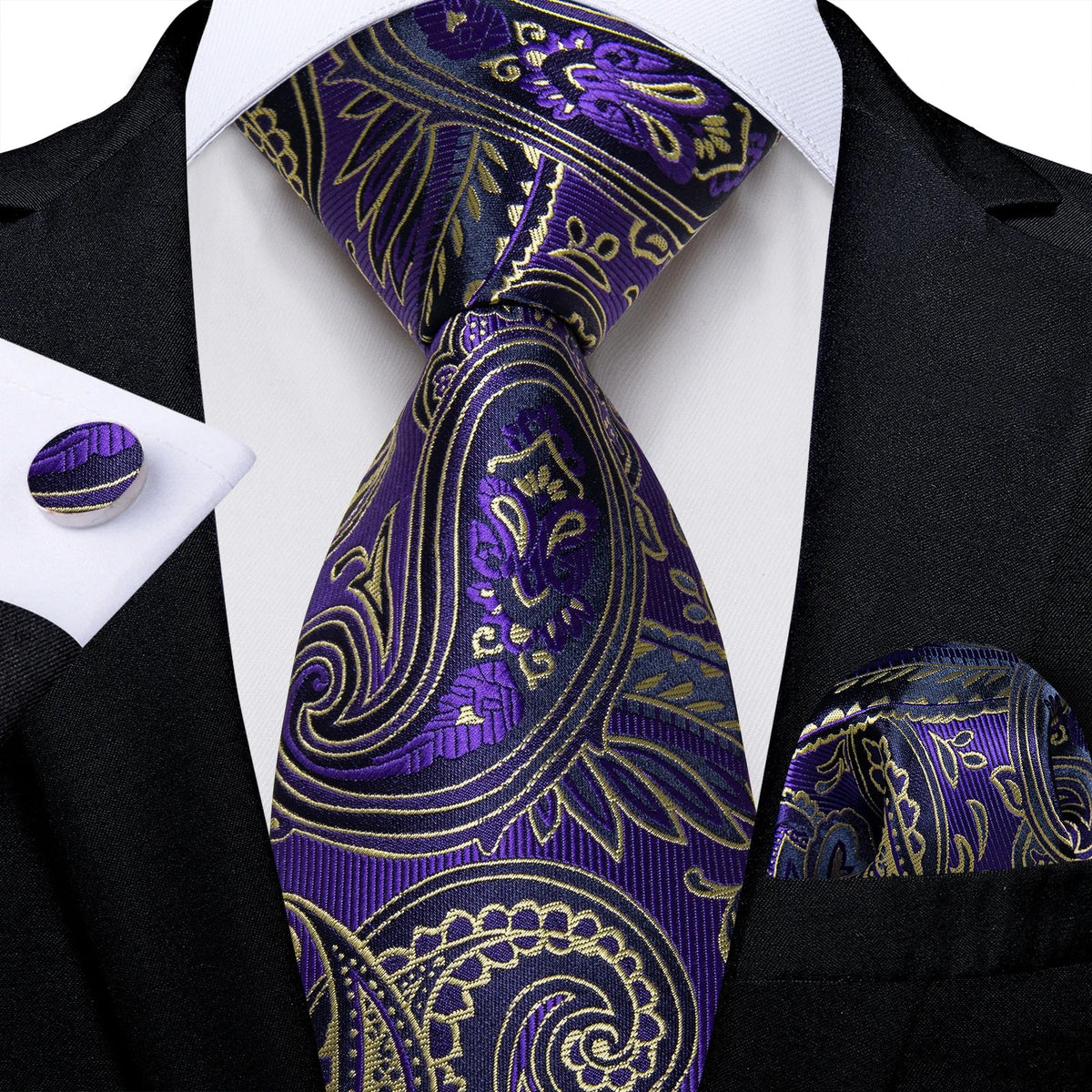 Luxury purple paisley silk tie set for men, 8cm wide, featuring accessories from The Clothing Company Sydney.