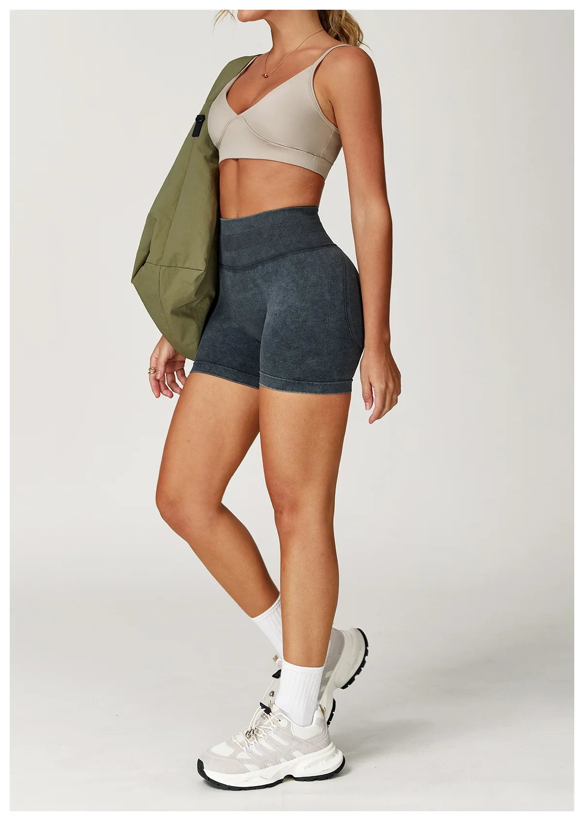 High waist yoga bicycle shorts for women by The Clothing Company Sydney, sand-washed fitness shorts for workout, running, and gym.