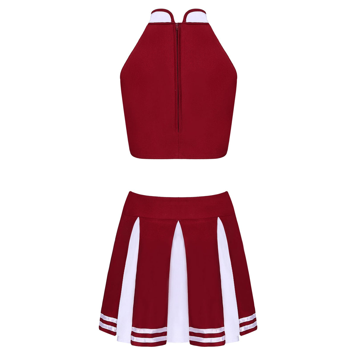 Women's cheerleader cosplay costume with stand collar crop top and mini pleated skirt, from The Clothing Company Sydney.