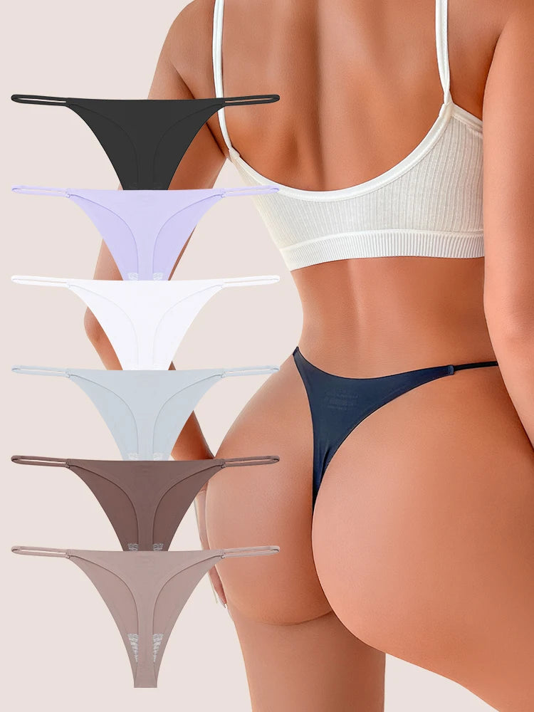 6-pack seamless thong panties with thin straps, low waist, high-stretch T-back briefs in assorted colors