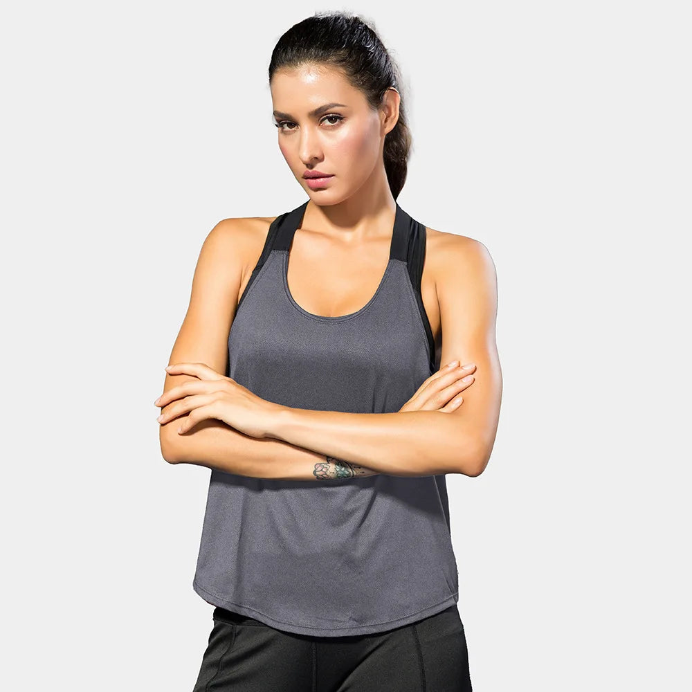 Black women’s sleeveless gym top by The Clothing Company Sydney, backless yoga and workout fitness singlet for running and exercise.