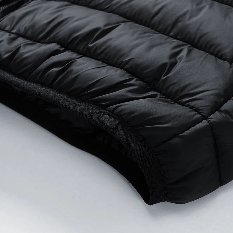 Men's hooded casual puffer down jacket by The Clothing Company Sydney, shown in black with a front zipper and quilted design.