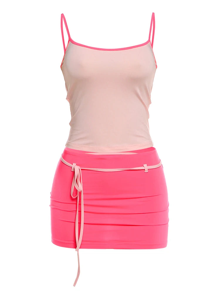 Y2K style women's matching set with low-neck backless camisole top and bandage tassel mini skirt in vibrant colors.