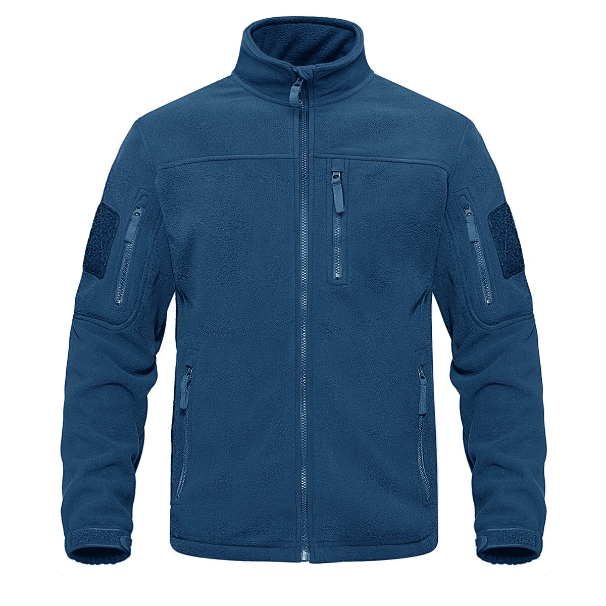 Men's green tactical fleece jacket with full zip, thermal lining, multiple pockets, suitable for hiking and outdoor work.