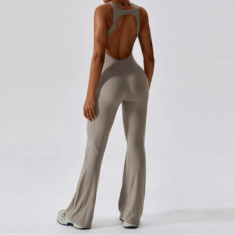 Women’s open back V jumpsuit gym set from The Clothing Company Sydney, featuring a stretch fitness bodysuit with a stylish workout design.