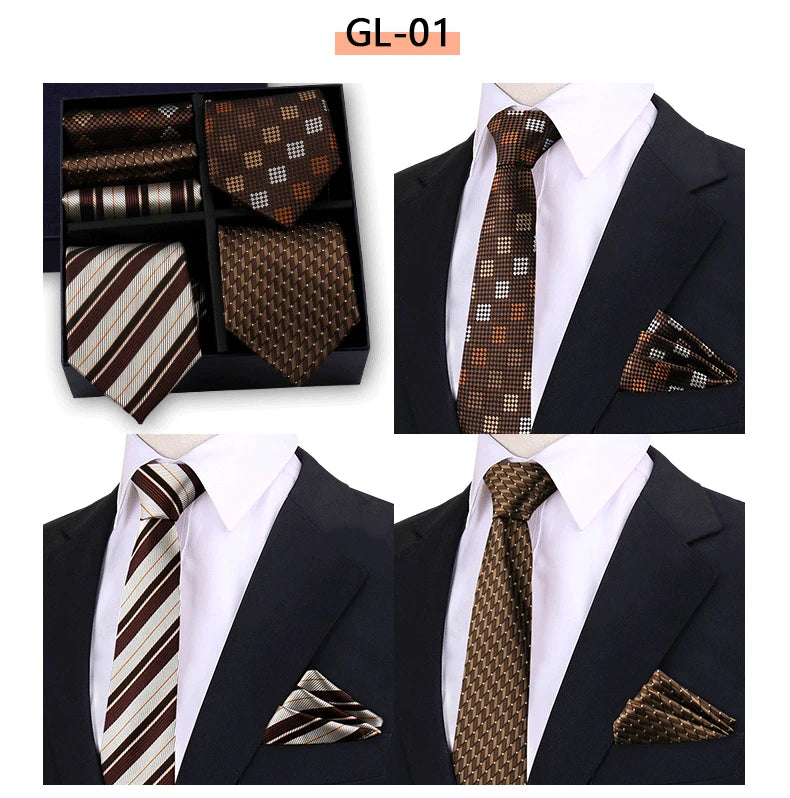 Luxury men's tie set by The Clothing Company Sydney featuring paisley and striped necktie with matching handkerchief in a gift box.