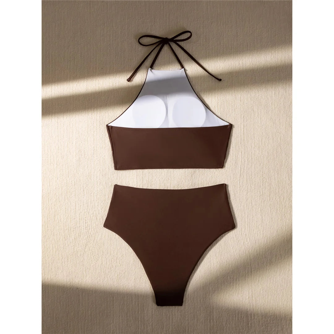 Halter high neck and high waist two-piece bikini set for women with a wrinkled texture, stylish swimwear by The Clothing Company Sydney