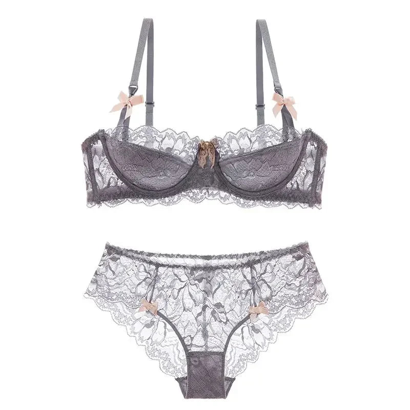 Two-piece pull-up lace bra set with bows from The Clothing Company Sydney, featuring breathable fabric and anti-slip cups, ideal for date night.