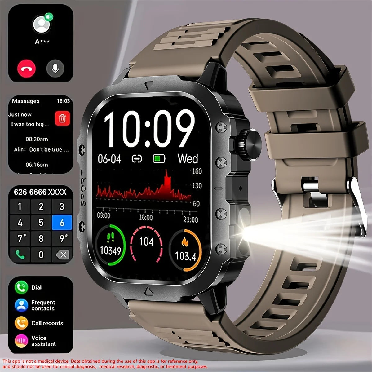 Men's LED smart watch with Bluetooth, voice control, multi-sport modes, and health monitoring, designed for outdoor sports.