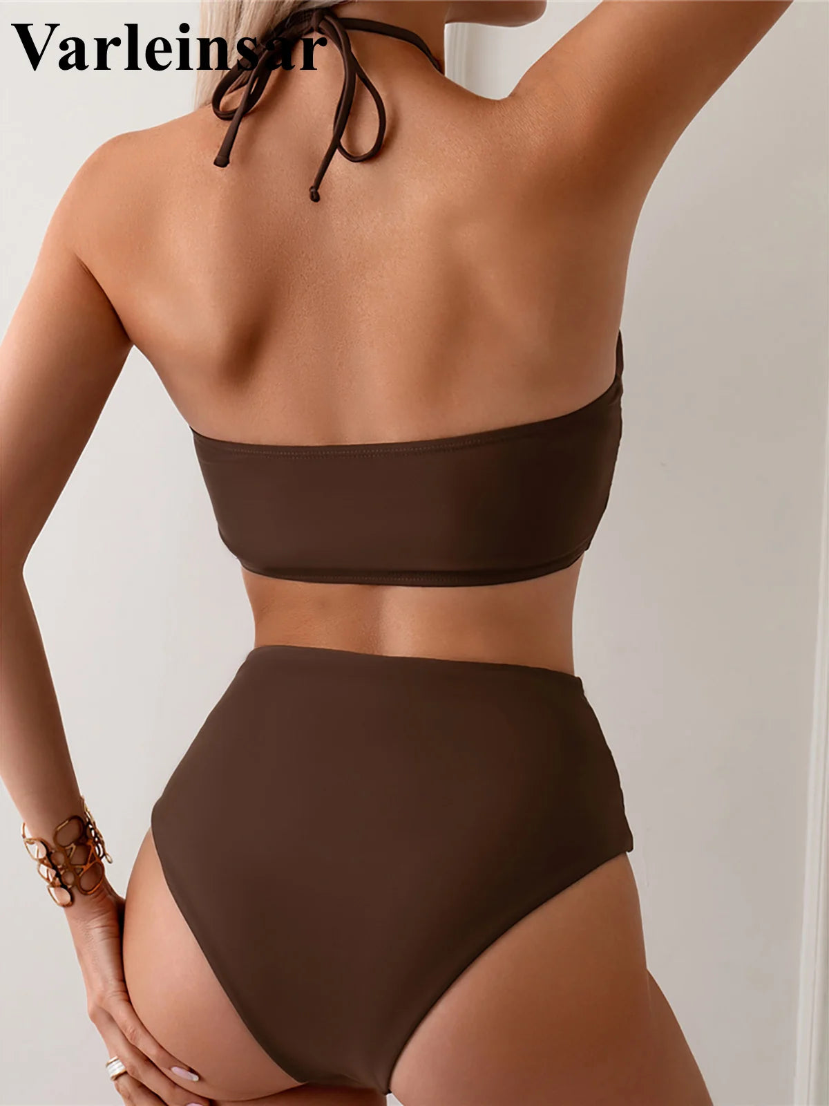 Halter high neck two-piece bikini set with wrinkled fabric and high waist from The Clothing Company Sydney, perfect for women’s swimwear.