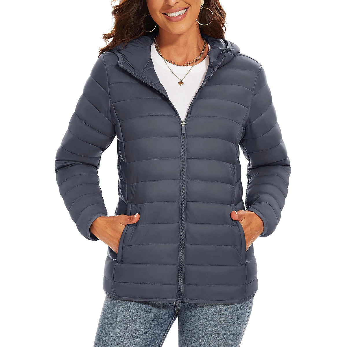 Warm women's puffer hooded jacket by The Clothing Company Sydney featuring full zip, multiple pockets, quilted design, and waterproof winter coat.