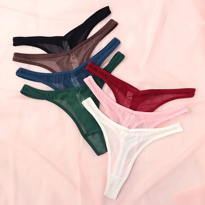 Seamless women's thong lingerie with translucent mesh strings, soft T-back design, by The Clothing Company Sydney.