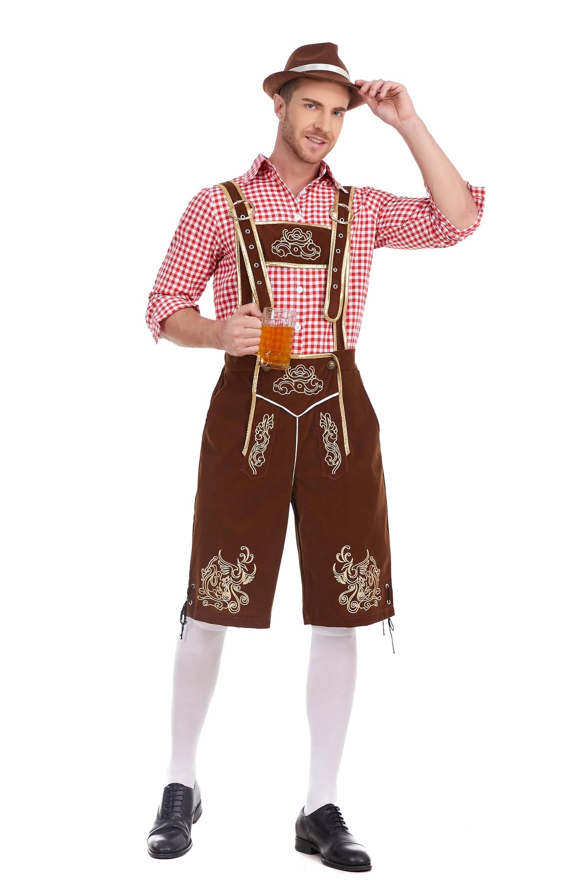 Men's Oktoberfest Lederhosen costume with suspenders, Bavarian shirt, and hat, perfect for German festivals and Bavarian cosplay.