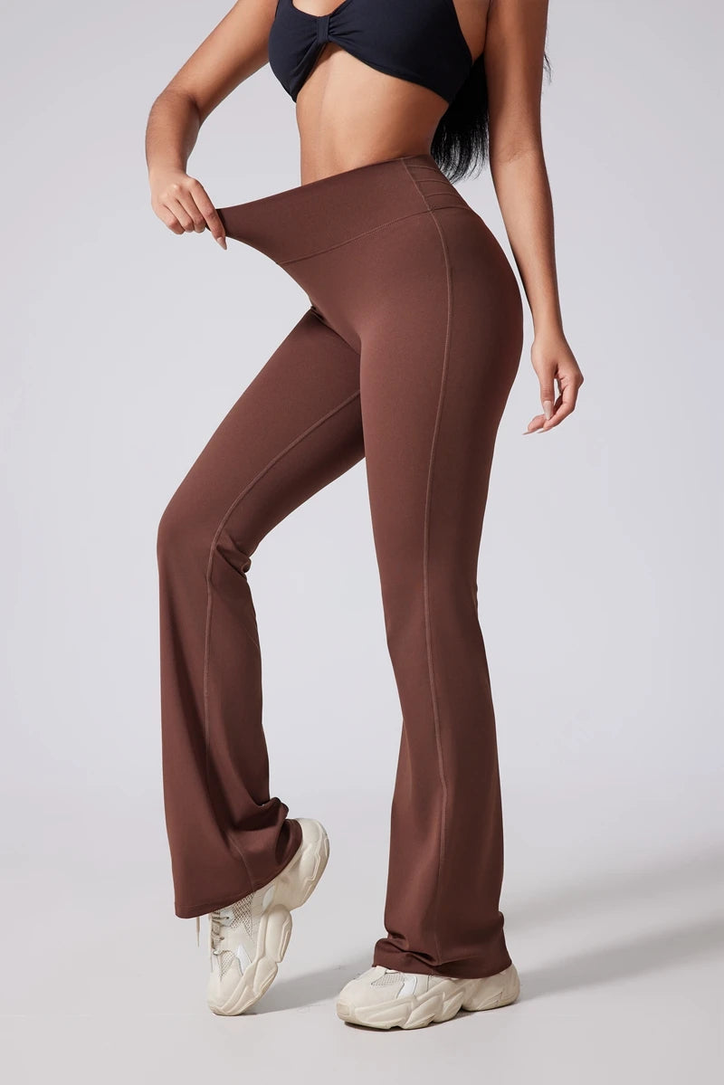 Women’s high waisted flared yoga pants with wide legs and micro flare, perfect for fitness and casual wear by The Clothing Company Sydney