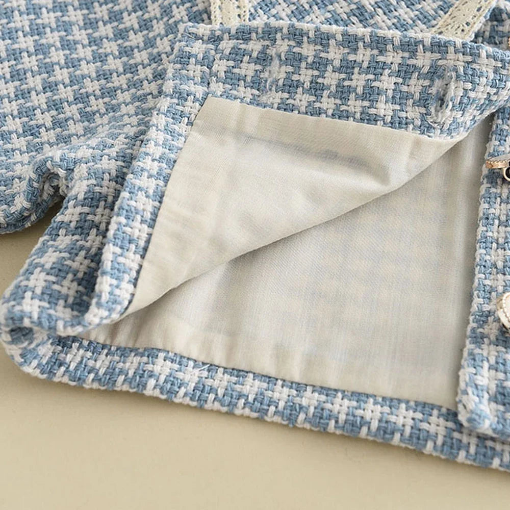 Three-piece girls' spring and autumn plaid vest dress set by The Clothing Company Sydney, featuring a retro-style coat and baby party outfits.