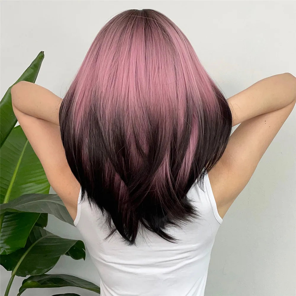 Long layered synthetic wig with black and pink ombre color, straight style, suitable for cosplay, by The Clothing Company Sydney.