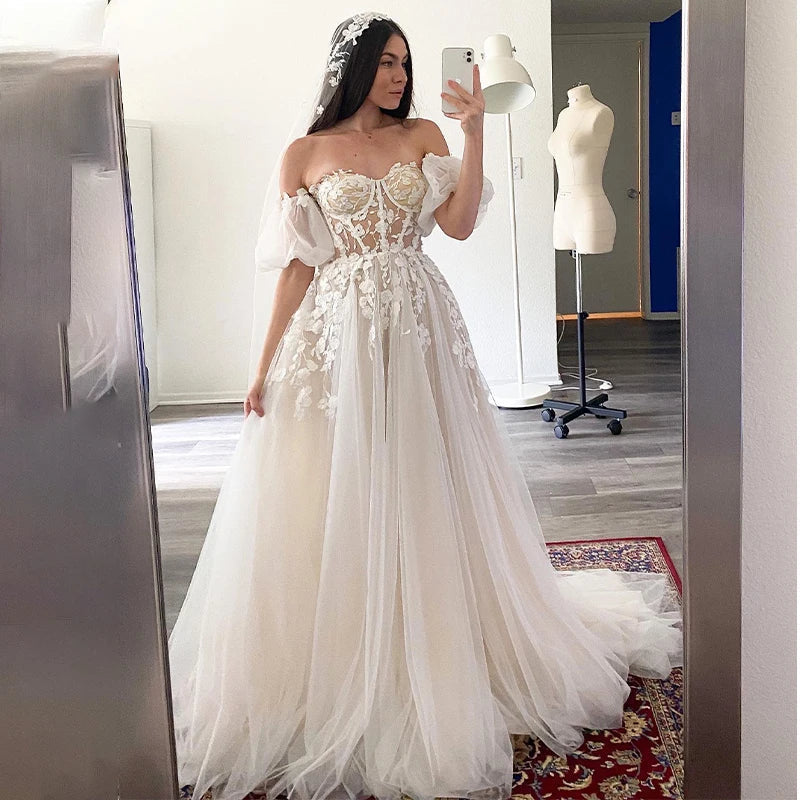 Short Puff Sleeves 3D lace Wedding Dresses Champagne Liner Tulle Appliques Formal Bridal Gowns The Clothing Company Sydney