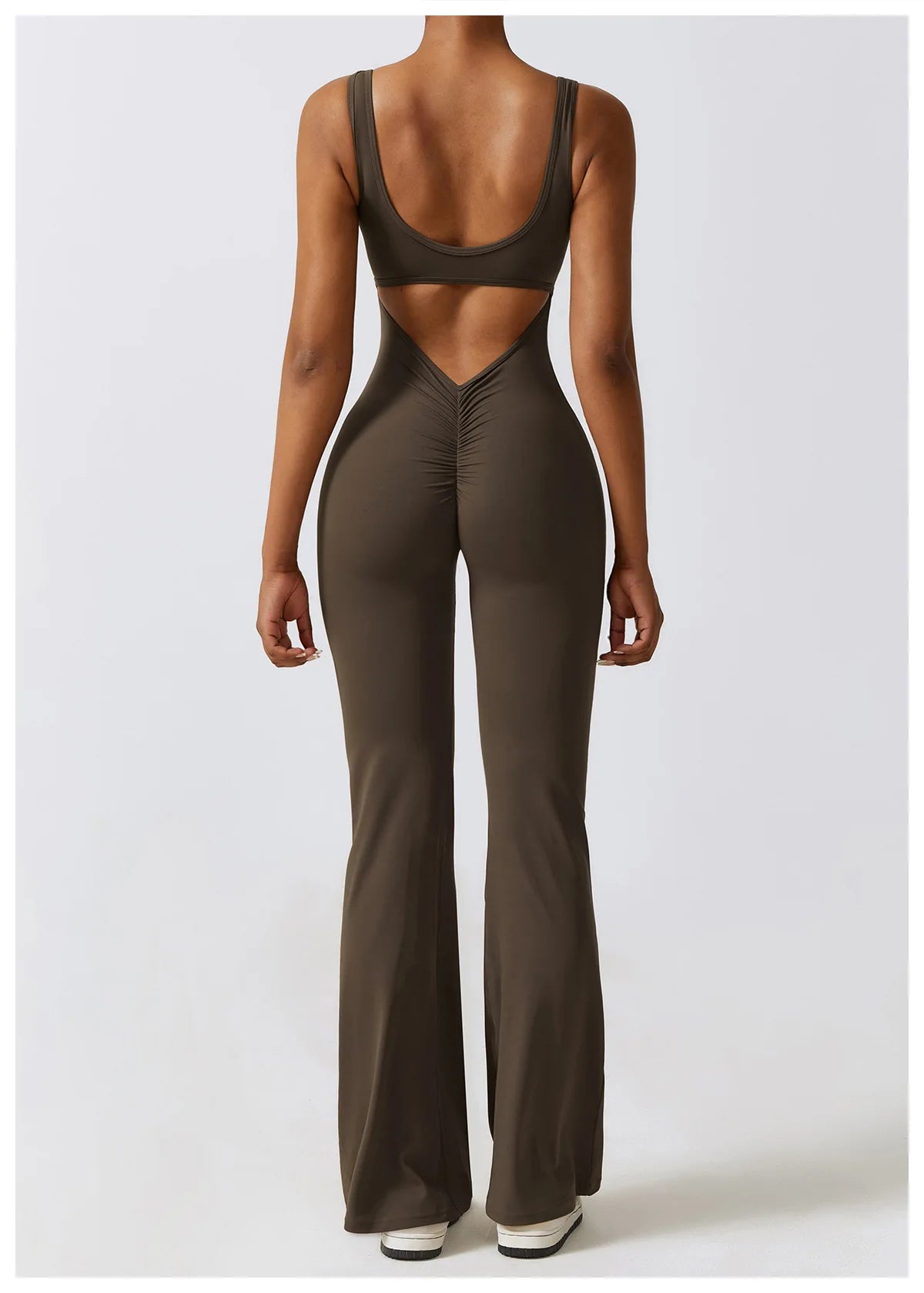Open back V jumpsuit from The Clothing Company Sydney, women's fitness bodysuit with stretch fabric, suitable for yoga and workout training.