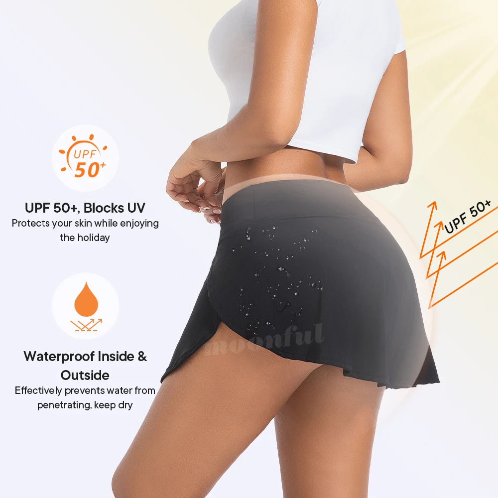 Menstrual swimsuit with built-in absorbent panties and skirt, designed for heavy flow women by The Clothing Company Sydney.