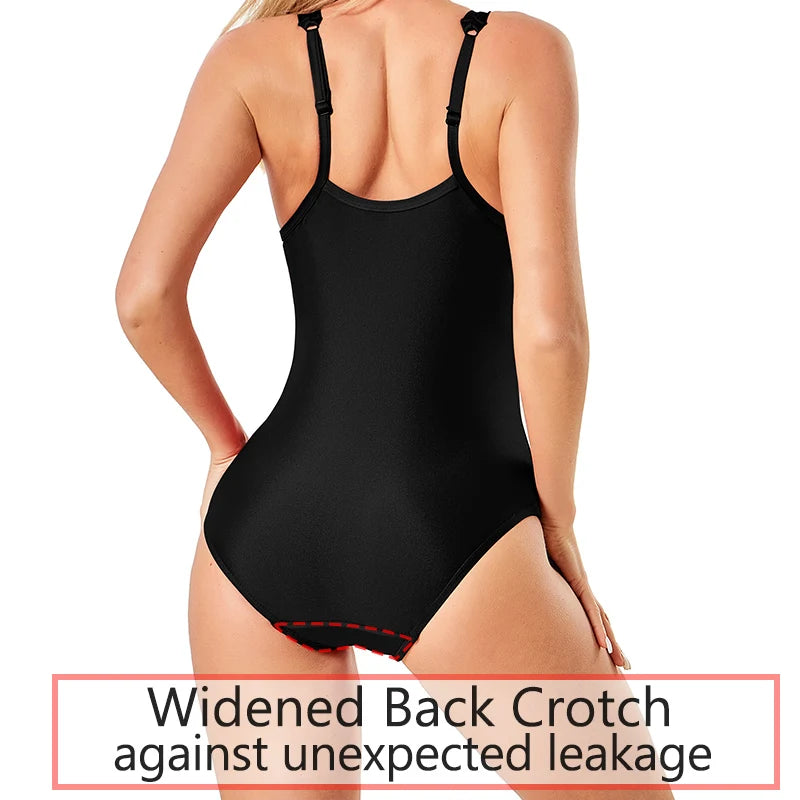 Menstrual swimsuit woman one-piece period swimwear by The Clothing Company Sydney, featuring leak-proof, absorbent beachwear for menstruation.
