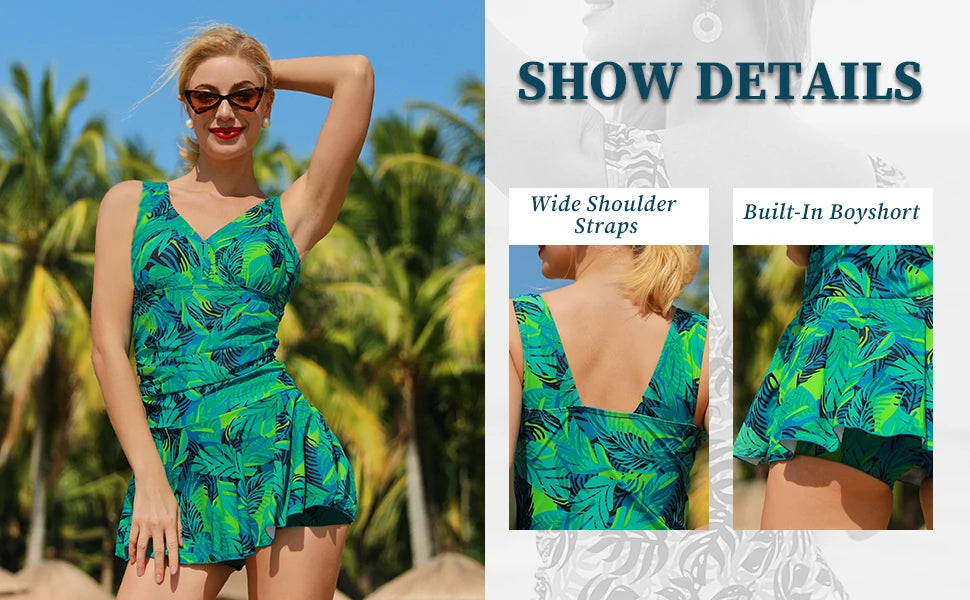 Women’s floral print modest swim dress by The Clothing Company Sydney, plus-size padded one-piece swimsuit for comfortable swimming.