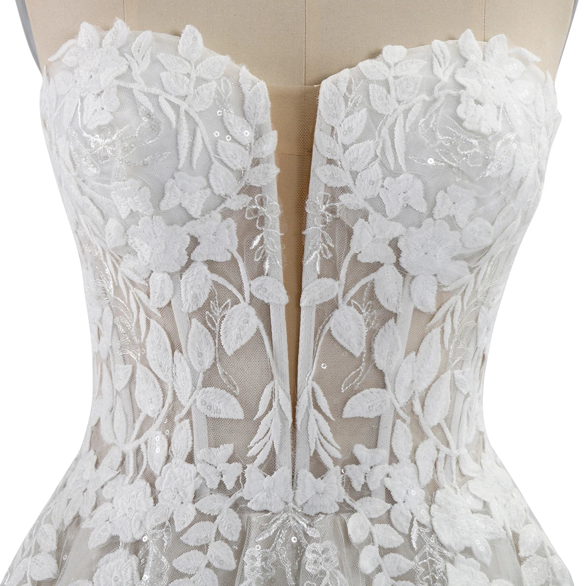 Elegant sleeveless lace wedding dress with deep V-neck and sparkle details, featuring a sweetheart bodice by The Clothing Company Sydney.