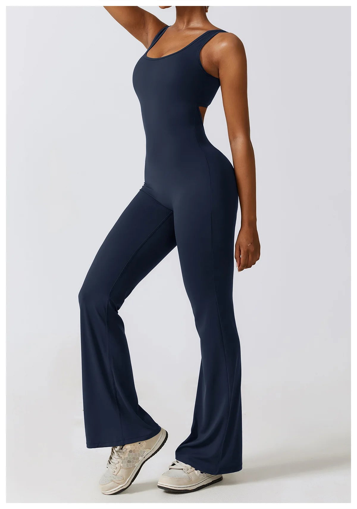 Open back V jumpsuit gym set for women, stretchy fitness bodysuit by The Clothing Company Sydney, ideal for yoga and workouts.