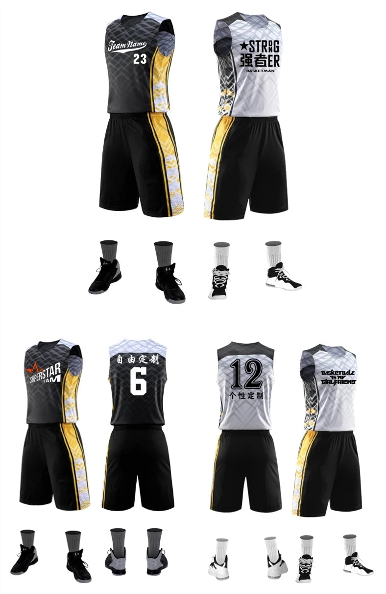 Reversible basketball jersey and shorts set for men, women, and kids, made of quick-drying fabric by The Clothing Company Sydney.
