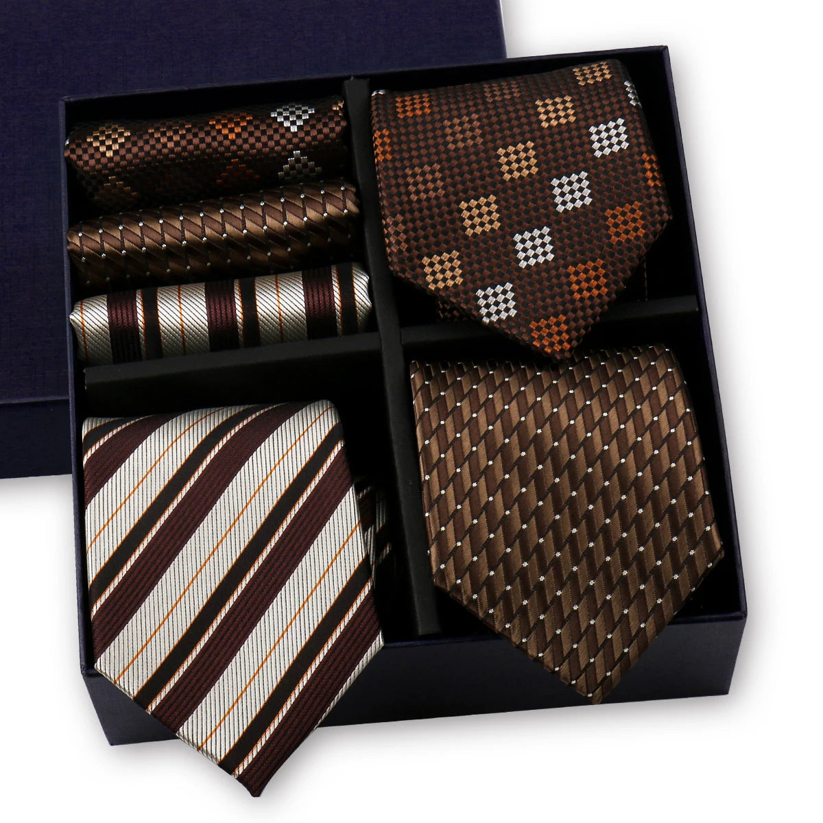 Luxury men's tie set with paisley and striped necktie, matching handkerchief in a gift box by The Clothing Company Sydney.