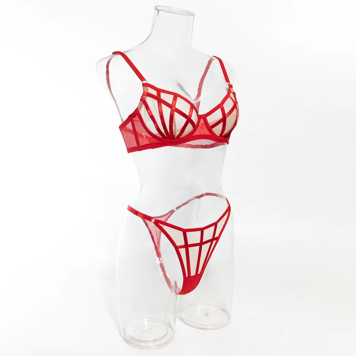 Irregular plaid lingerie 2-piece set by The Clothing Company Sydney featuring see-through mesh patchwork bras and thong bottoms.