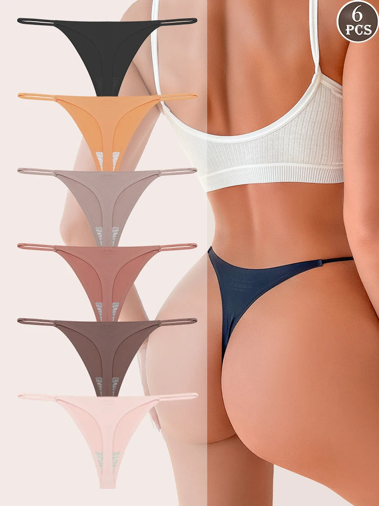 6-pack seamless thong panties with thin straps, low waist, high-stretch T-back briefs in assorted colors