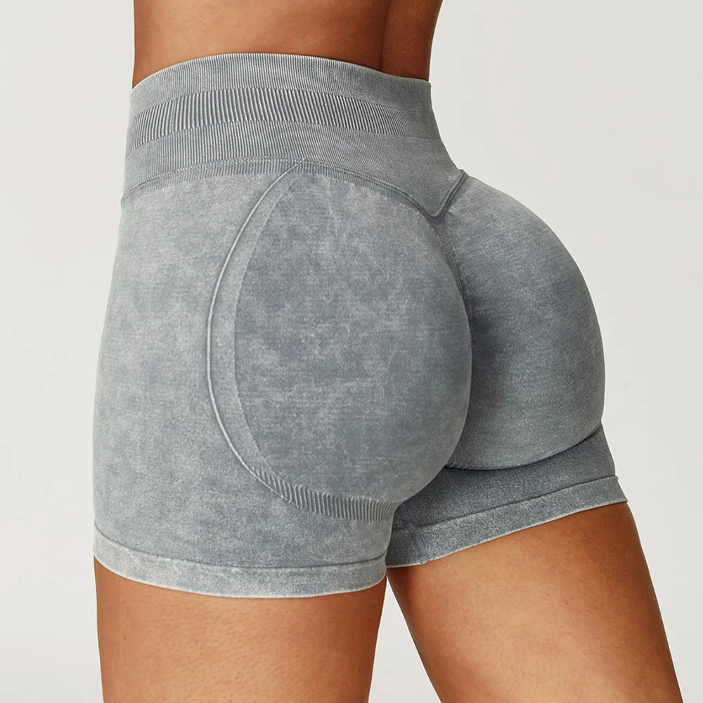 High waist yoga bicycle shorts for women, sand-washed fitness workout shorts by The Clothing Company Sydney, suitable for gym and running.