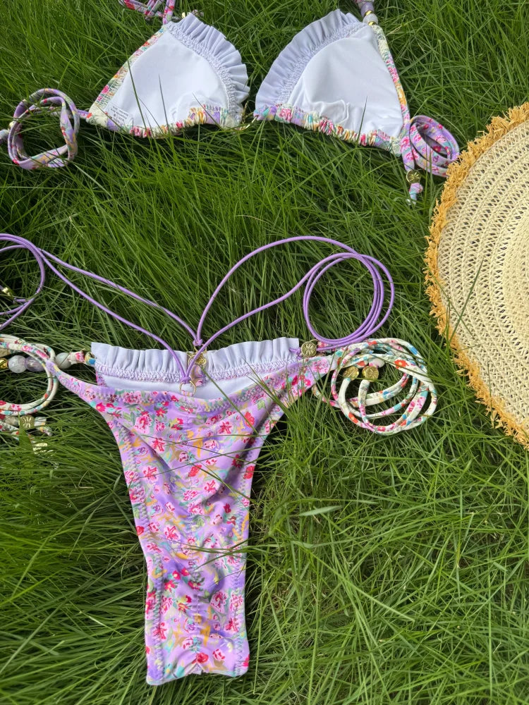 2 Piece Triangle Micro Thongs Swimsuit Bathing Suit Bandage Beachwear Print Swimwear Thong Bikini Set